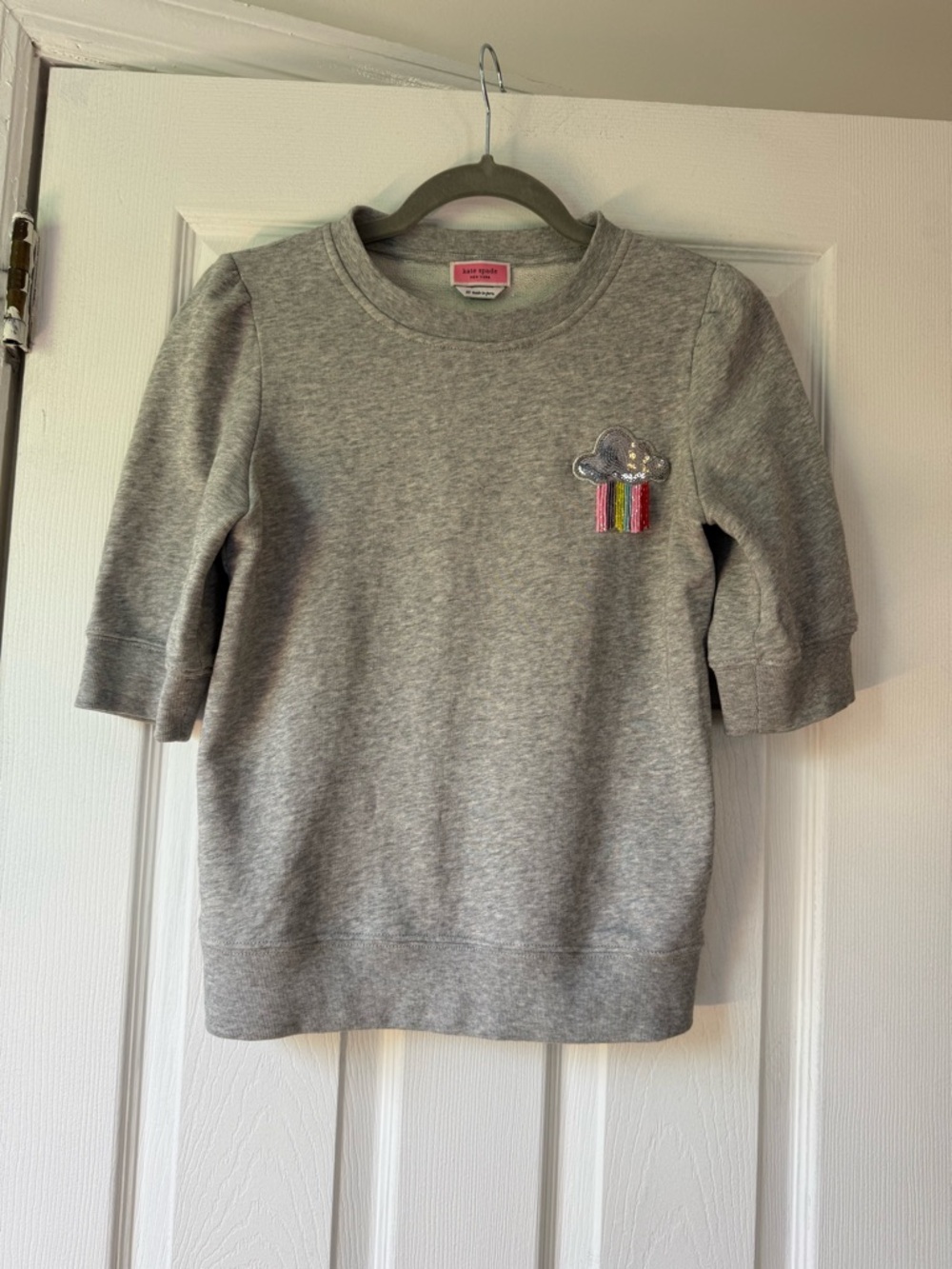 kate spade Gray Short Sleeve Sweatshirt style top with Rainbow Cloud Patch XS